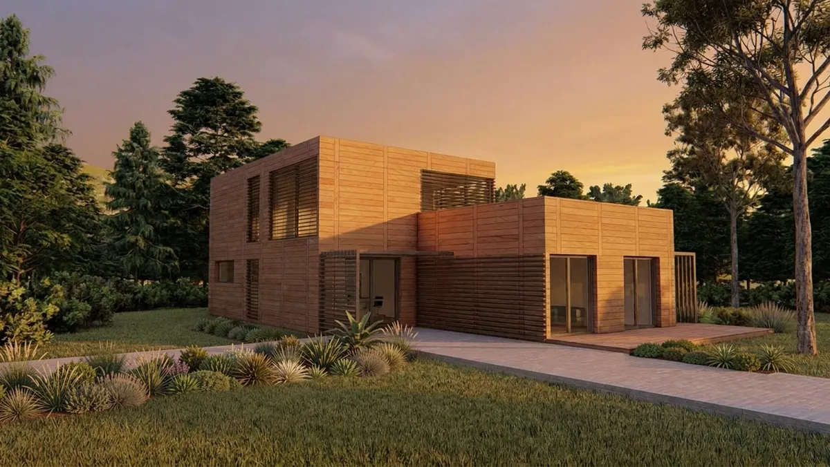 La vivienda modular entre los árboles, vista desde el jardín
