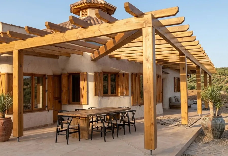 El porche bajo la pérgola de madera, con la mesa larga y el campo al fondo