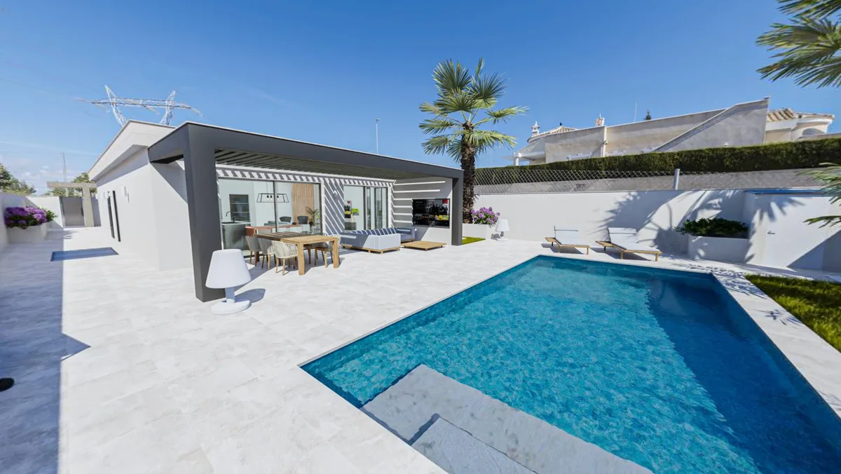 Zona de piscina de Casa Oasis con pérgola y tarima de madera