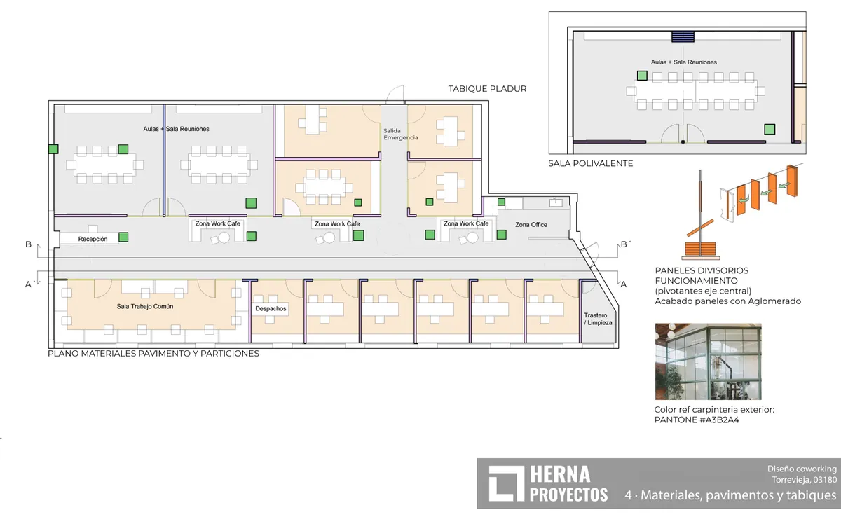 Plano de distribución del coworking con los tabiques móviles