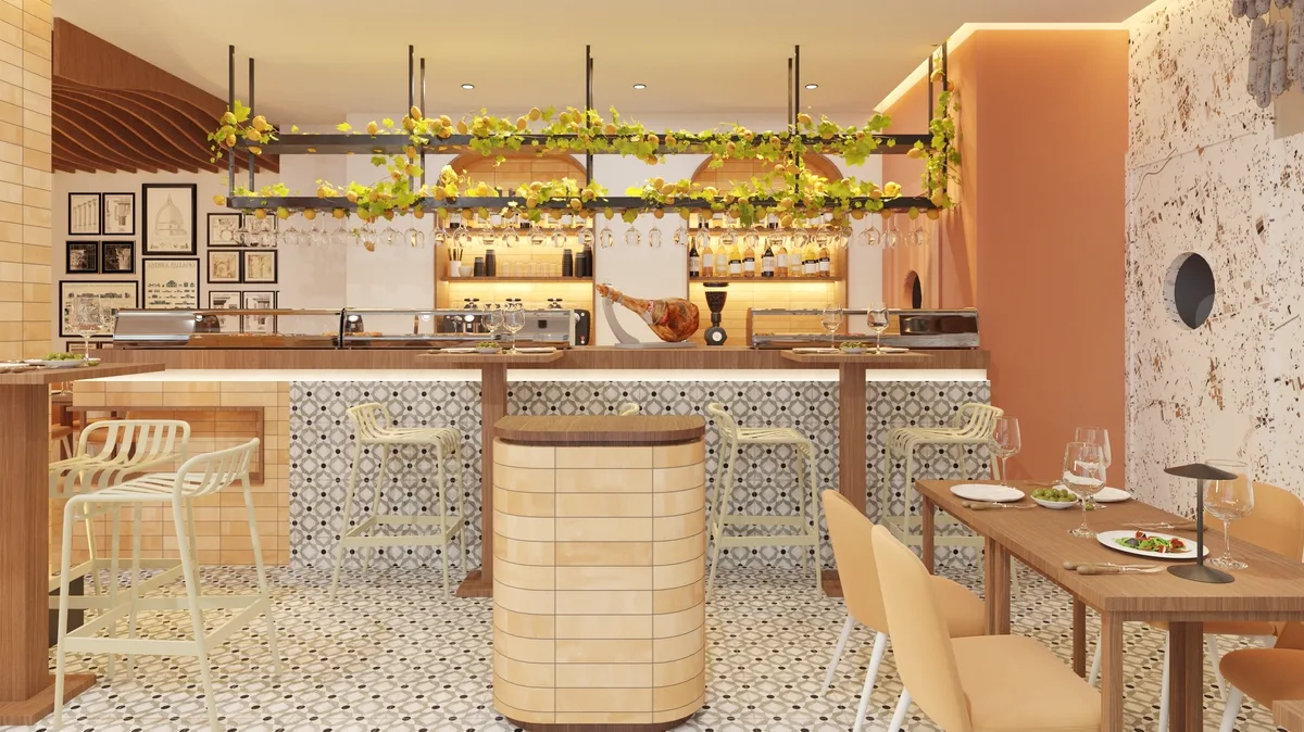 Comedor del restaurante Montecristo, con techo de listones de madera y lámparas colgantes