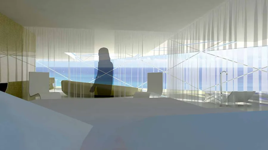 Render del interior de una vivienda, con el mar a través de las cortinas translúcidas