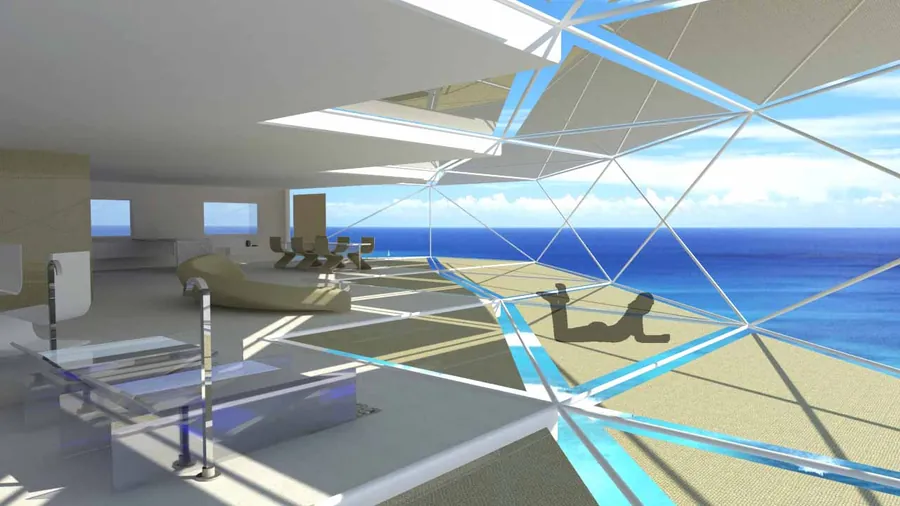 Render de la terraza de una vivienda abierta al mar
