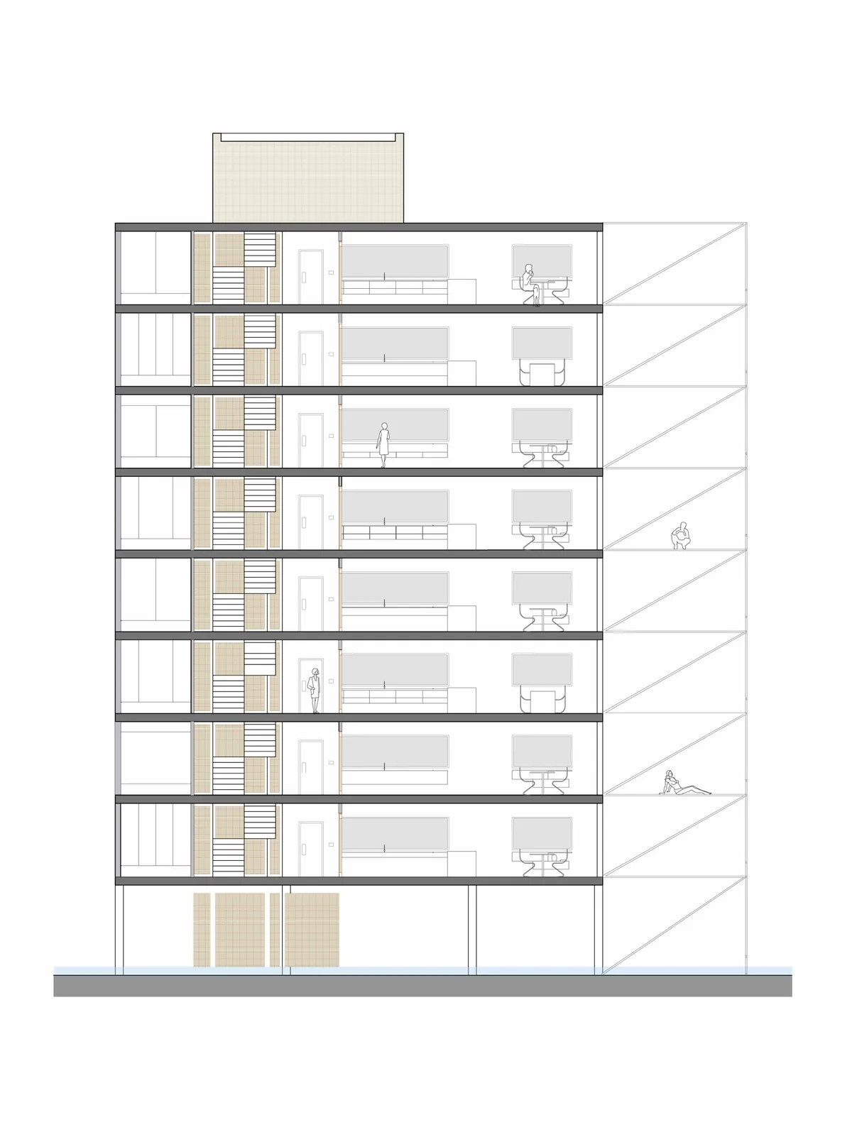 Sección del edificio de viviendas sobre la retícula estructural