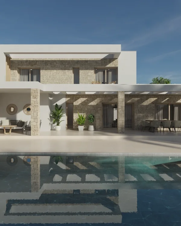 Render de vivienda unifamiliar con porche de piedra, pérgola y piscina